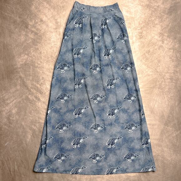 Vintage 70s Bird Print Maxi Skirt Blue A Line High Waist Polka Dot Pockets Boho - Picture 1 of 6